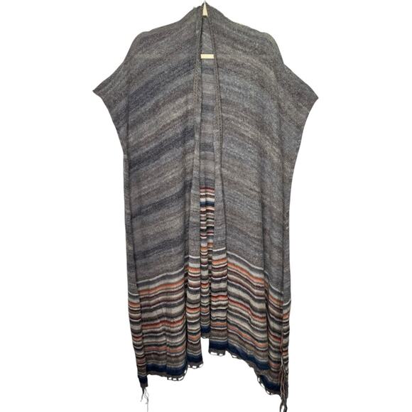 Free People Latitude 30 Wrap Poncho Shawl Rainbow Gray Fringe Sweater Stripe - Picture 2 of 15